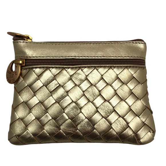 Woven leather coin and key purse - Gold coloured
