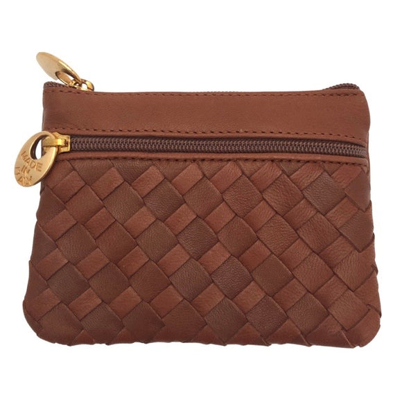 Woven leather coin and key purse - Caramel brown