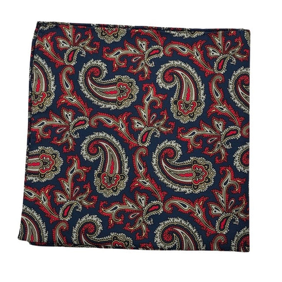 Silk pocket square - Paisley - navy and red